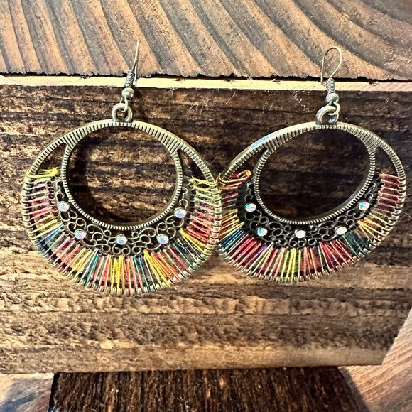 Boho Hippie Cowgirl Threaded Loop Wire Drop Earrings, Multicolor, Gift Box - Picture 1 of 7